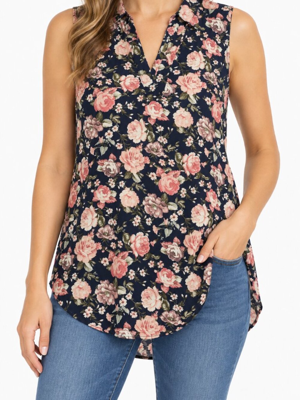 Amaryllis Navy Floral Sleeveless Blouse Size Small